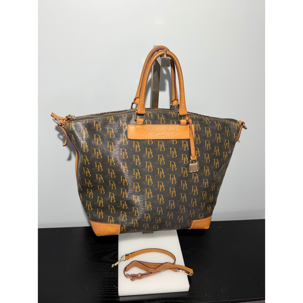 Dooney & Bourke Monogram Satchel Florentine Vacchetta Leather Trim Brown Tan